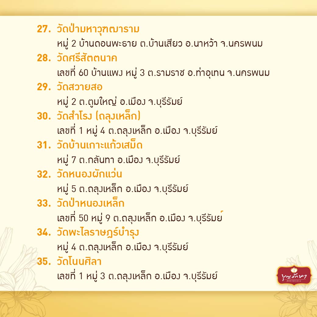 รายชื่อวัดที่ยังไม่ีมเจ้าภาพกฐิน ปี 2567