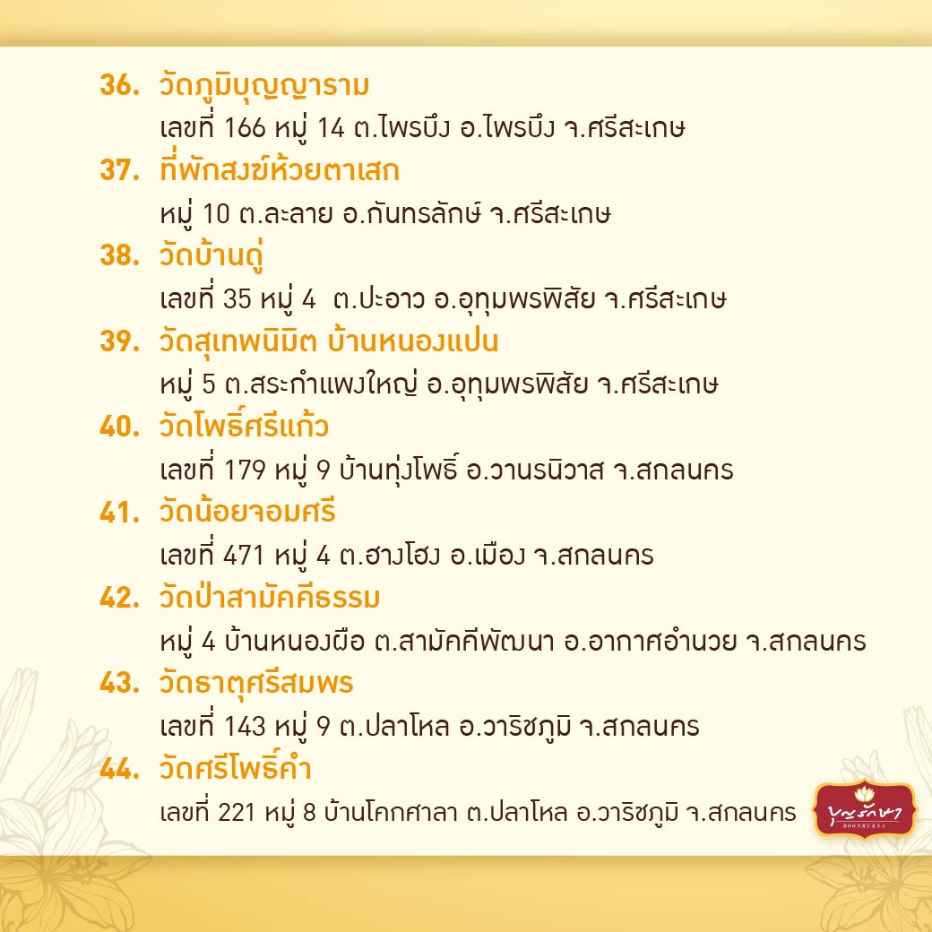 รายชื่อวัดที่ยังไม่ีมเจ้าภาพกฐิน ปี 2567